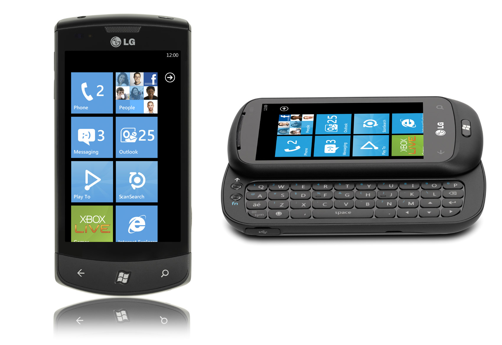 Front views of LG Optimus 7 and LG Quantum that support Microsoft’s Window Phone 7 applications.