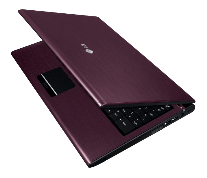 LG A520 notebook in purple with its display open 45-degrees.