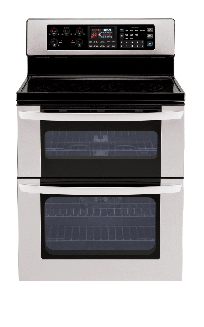 Front view of LG double-oven range with InfraGrill™