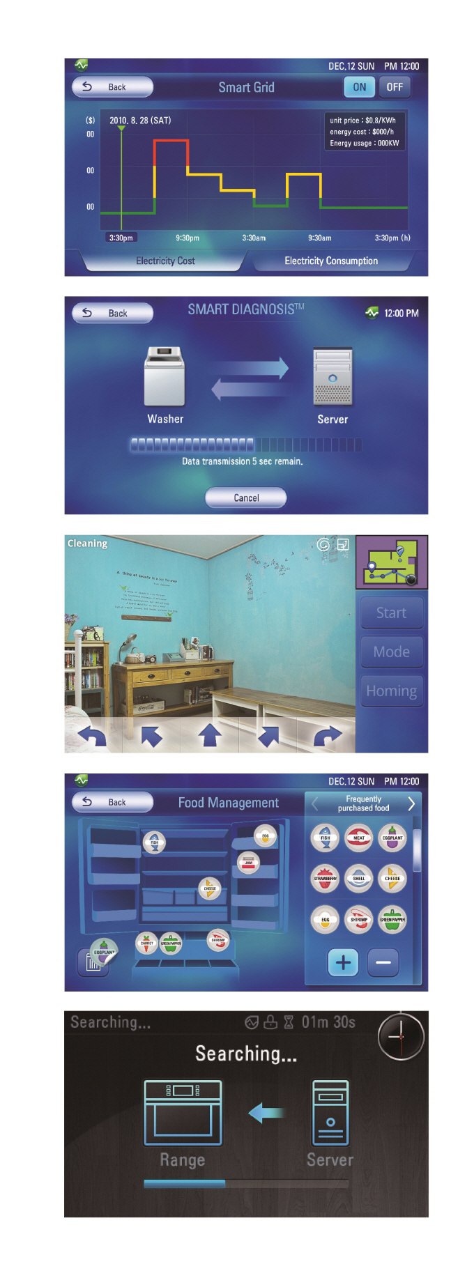 Five screenshots of the Smart Grid user interface, including Smart Diagnosis™ and Food Management for smart devices