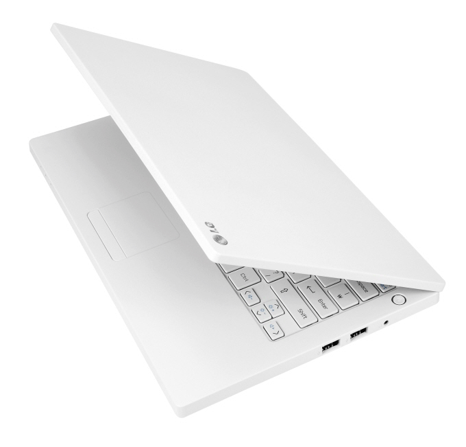 LG P210 notebook in white with its display open 45-degrees.