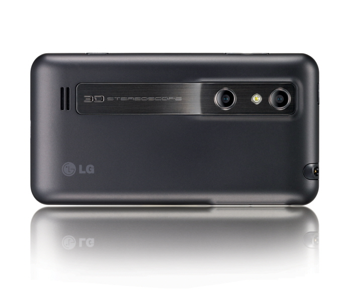 A rear view of the LG Optimus 3D on its side