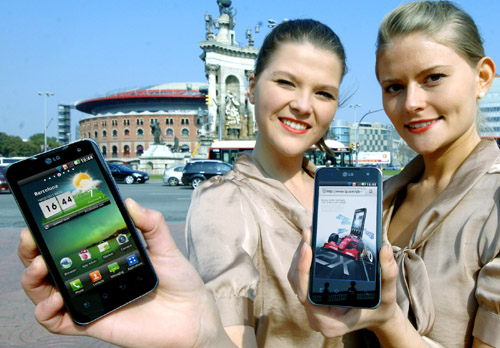 Two female models hold LG Optimus 2Xs and show its front views