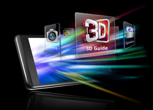 LG Optimus 3D Multimedia application icons including 3D Guide and Camera burst into the air from inside a smartphone’s screen
