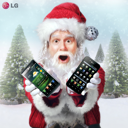 LG Lay-Z Santa Santa Claus holds LG Optimus 3D and LG Optimus Black and shows its front views