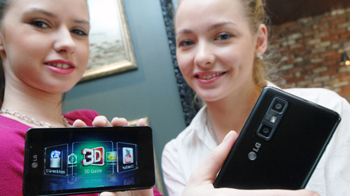 Two female models hold LG Optimus 3D Max and show its front and rear views