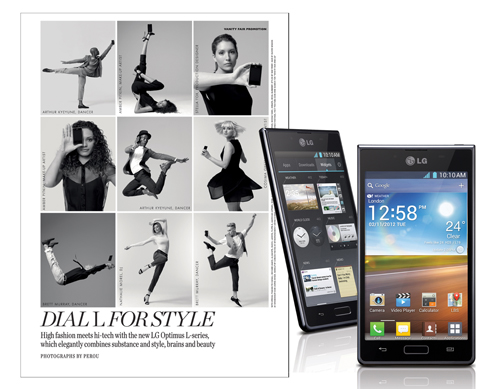 Two different front views of LG Optimus L7 next to an image involving 9 different models in posing in different positions while holding LG Optimus L-Series smartphones