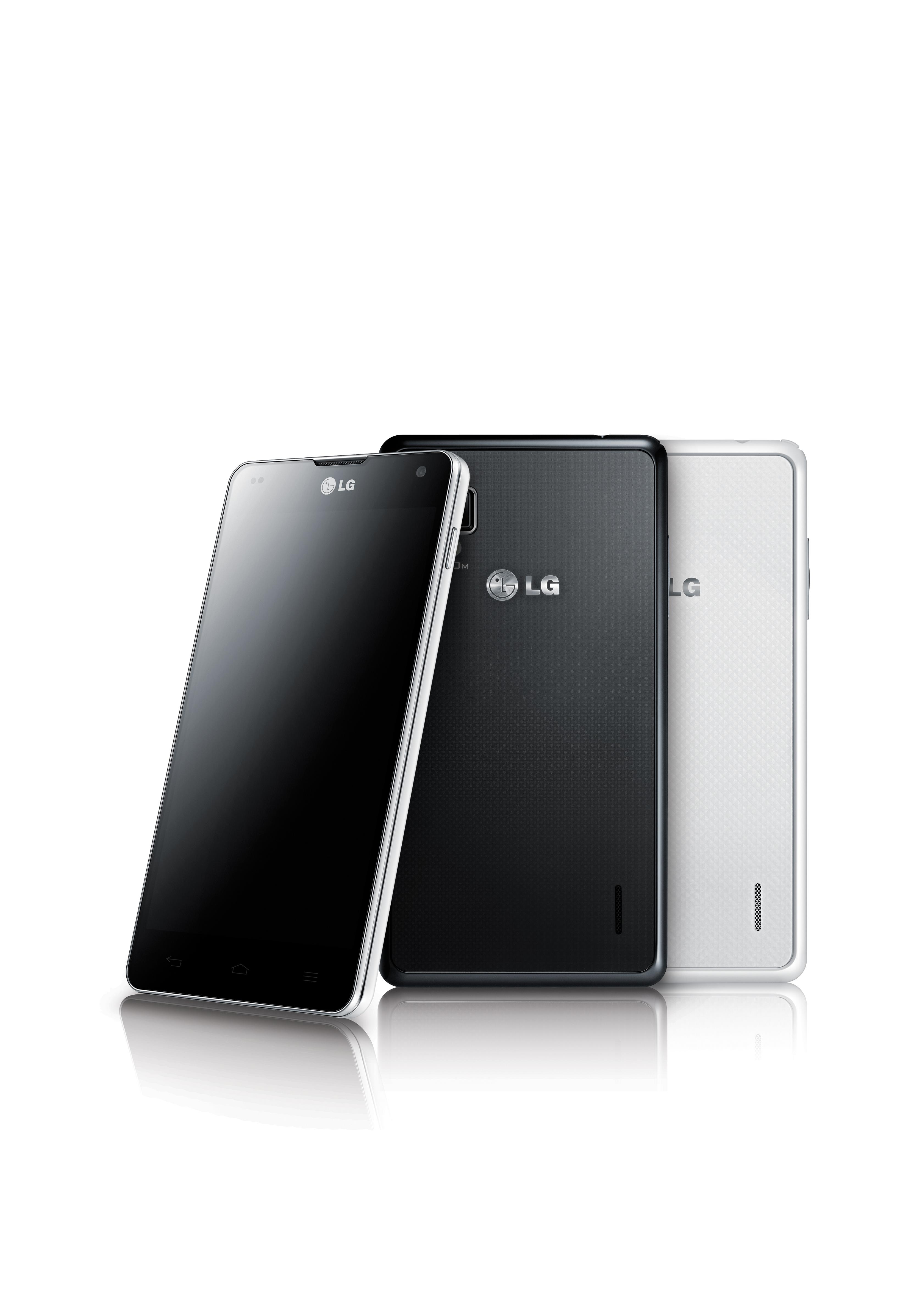 Front view and rear views of LG Optimus G in black and rear view of LG Optimus G in white