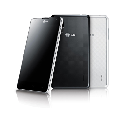 Front view and rear views of LG Optimus G in black and rear view of LG Optimus G in white