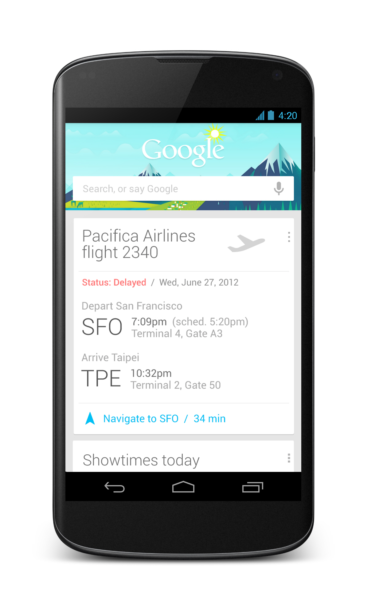Front view of LG Nexus 4 showing a search for flights on Google.