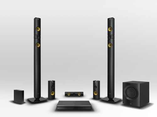 LG 2013 audio and video lineup including BH9430PW 9.1-channel speaker system, NB4530A Sound Bar, BP730 Blu-ray player with Smart TV features, the ND8630 Dual Docking Speaker and the NP6630 Portable Speaker.