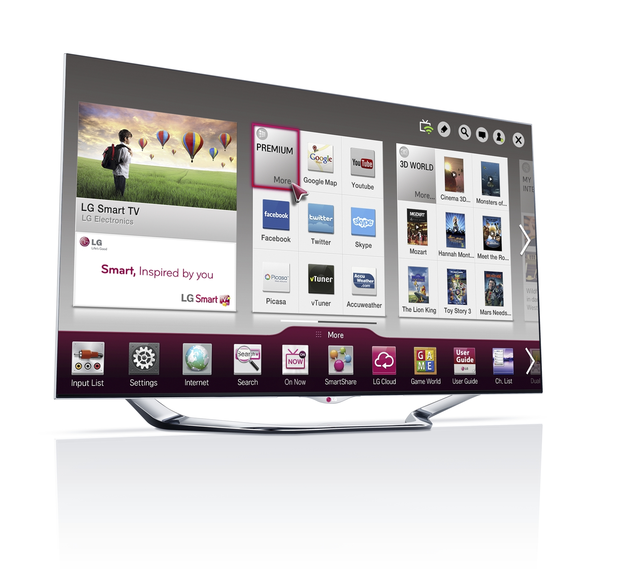 A left-side view of LG’s new CINEMA 3D Smart TV displaying Smart Home screen