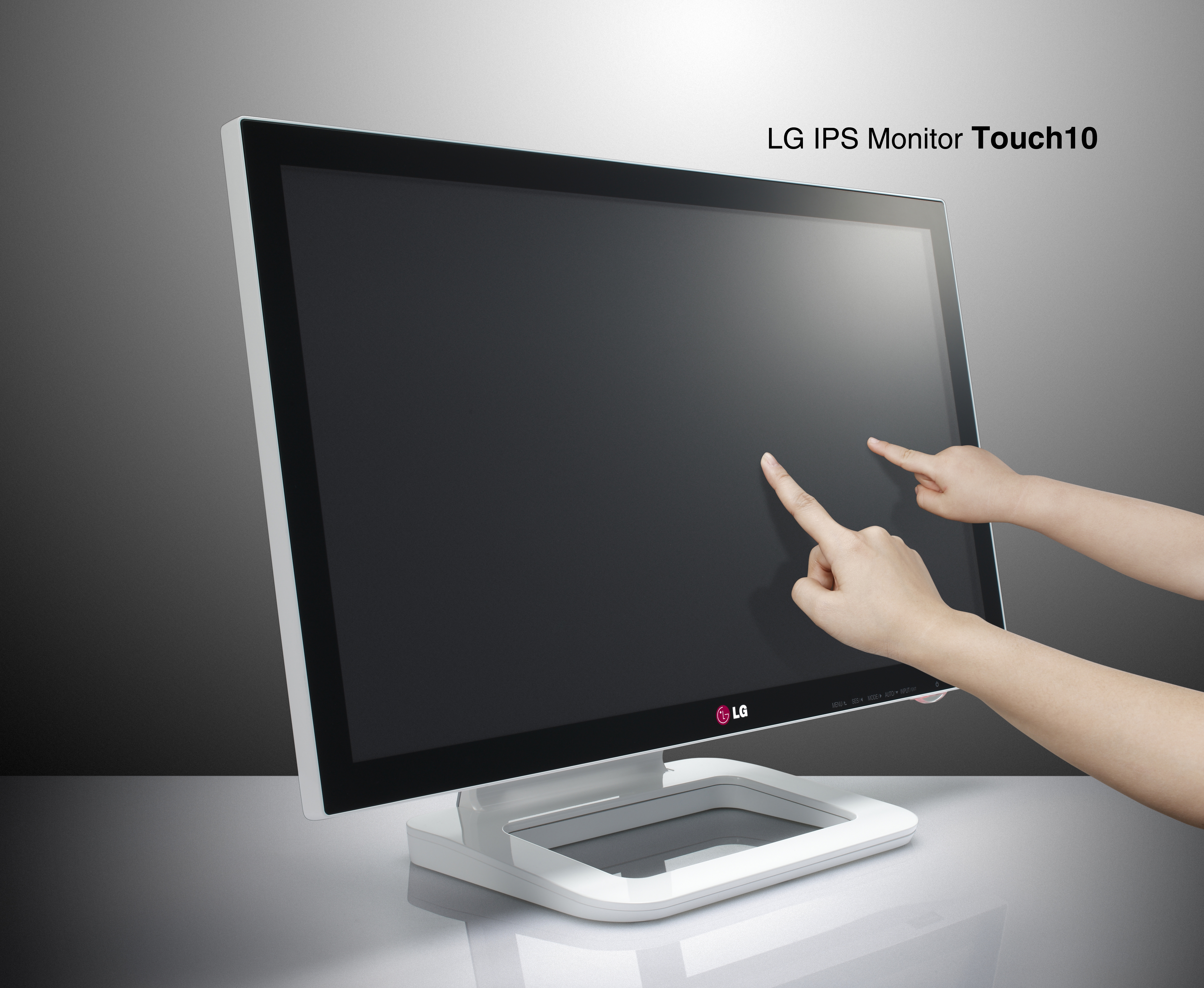 Two people touching LG IPS monitor Touch10’s display with their index fingers