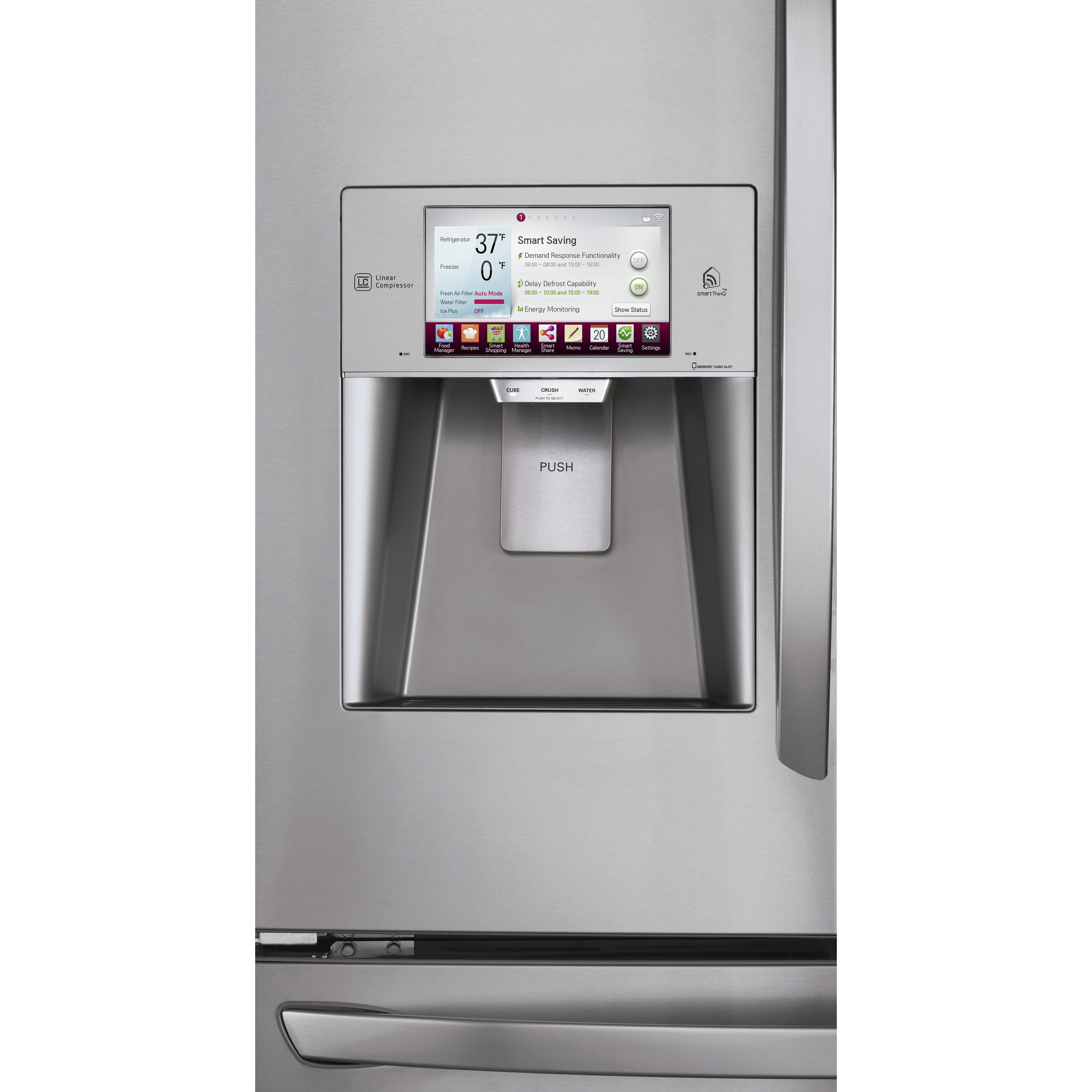 Close-up of the LG smart refrigerator’s LCD panel