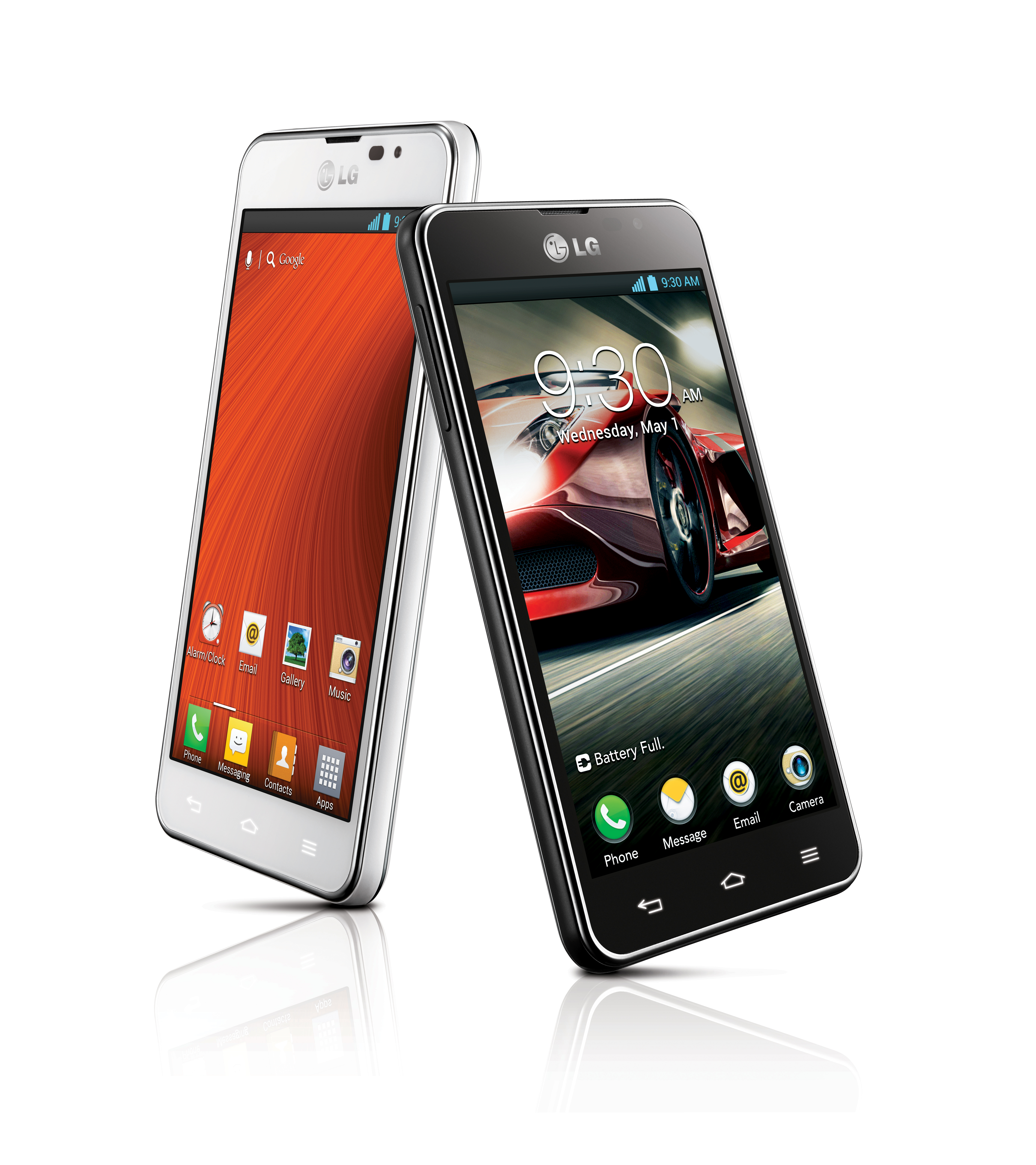 Side views of the LG Optimus F7 in white and LG Optimus F5 in black.
