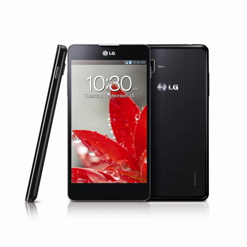 From left to right; a side view, a front view and a back view of LG Optimus G.