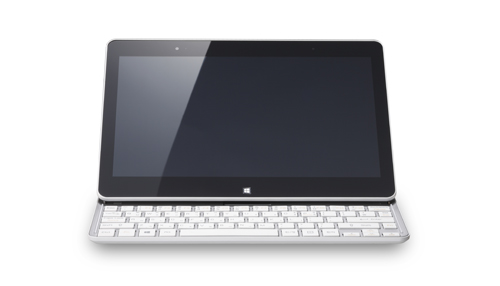 A front view of the LG Tab-Book with its keyboard revealed.