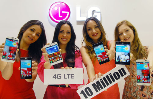 Four female models are holding various LTE smartphone of LG celebrating that LG has sold more than 10 million LTE smartphones worldwide.