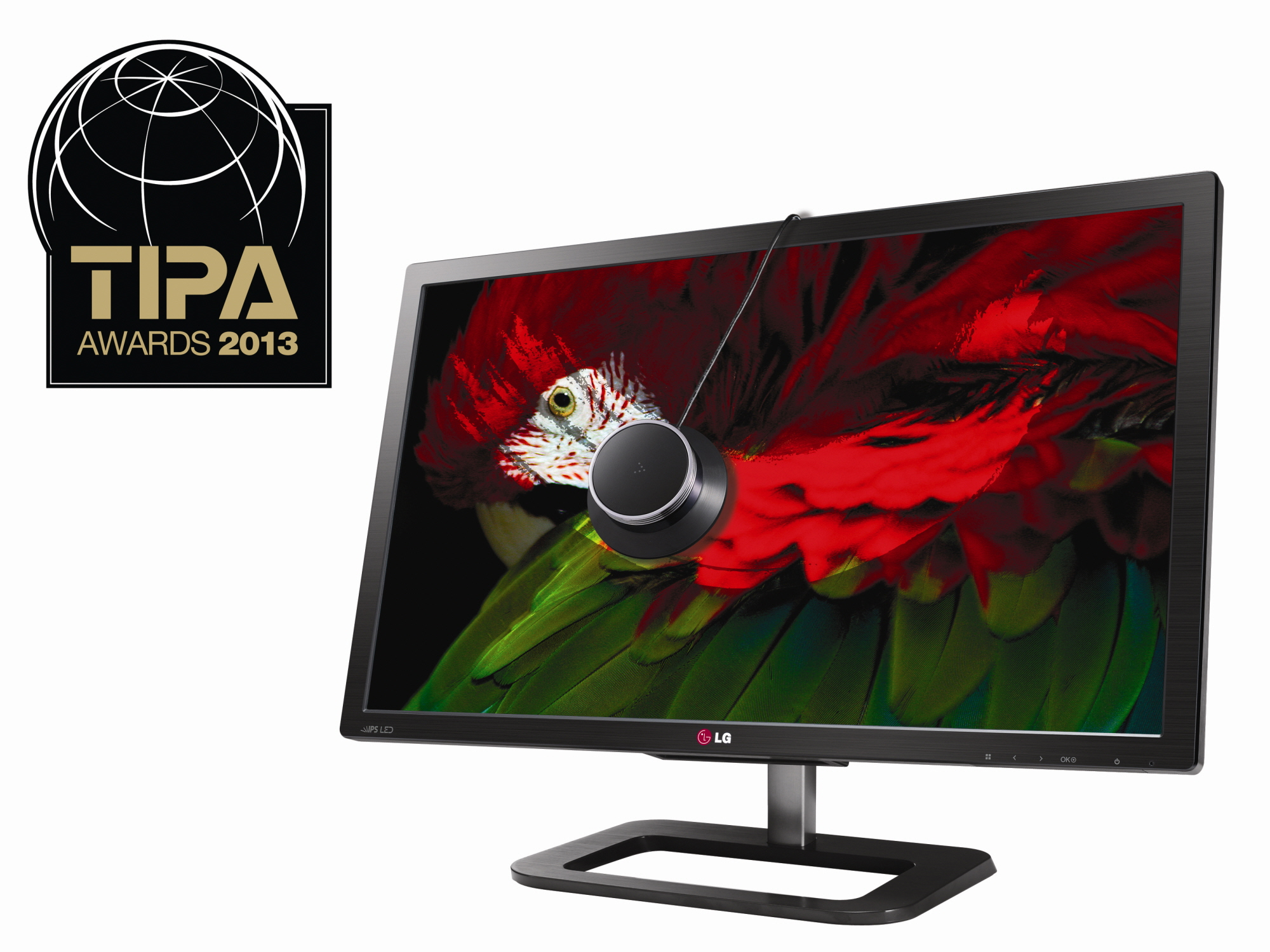 A right-side view of LG ColorPrime Monitor model 27EA83 with the 2013 TIPA Awards logo on the upper left side