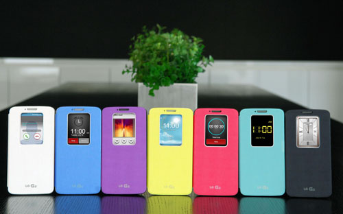 G2s wearing QuickWindowTM cases in seven colors are displayed; white, blue, purple, yellow, pink, mint and black.