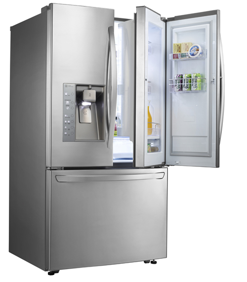 LG’s three-door French-Door refrigerator with doors opened to show off its Door-in-Door feature