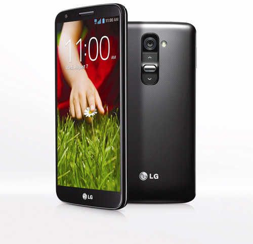 A front view of LG G2 and a back side of LG G2.