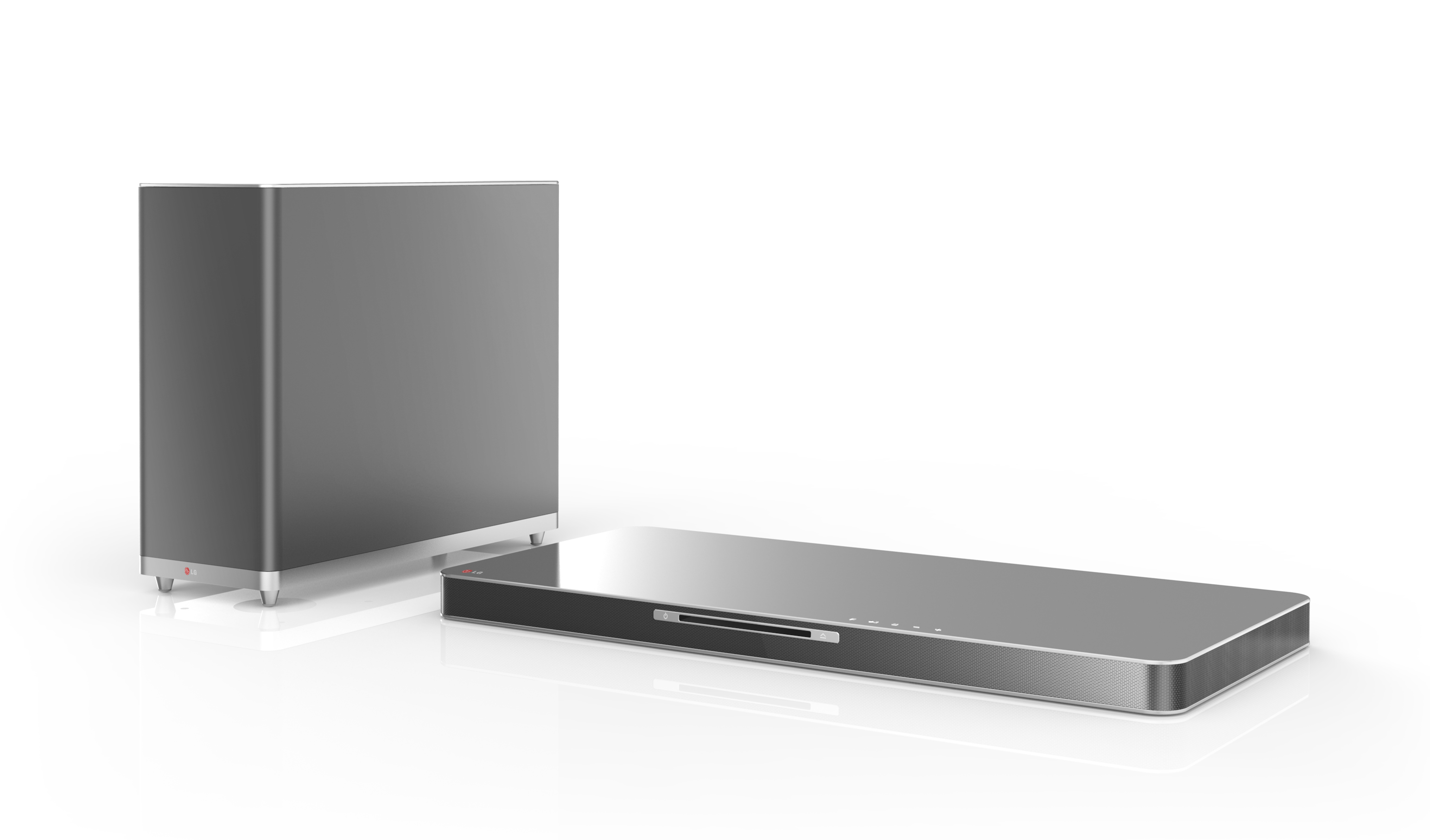 LG SoundPlate model LAB540W with an external wireless subwoofer on the left