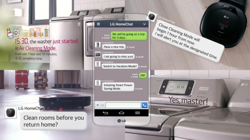 A screenshot of a message from LG HomeChat™ app notifying the user of the operation of appliances, including washing machines, robot vacuums and even answering the user’s command