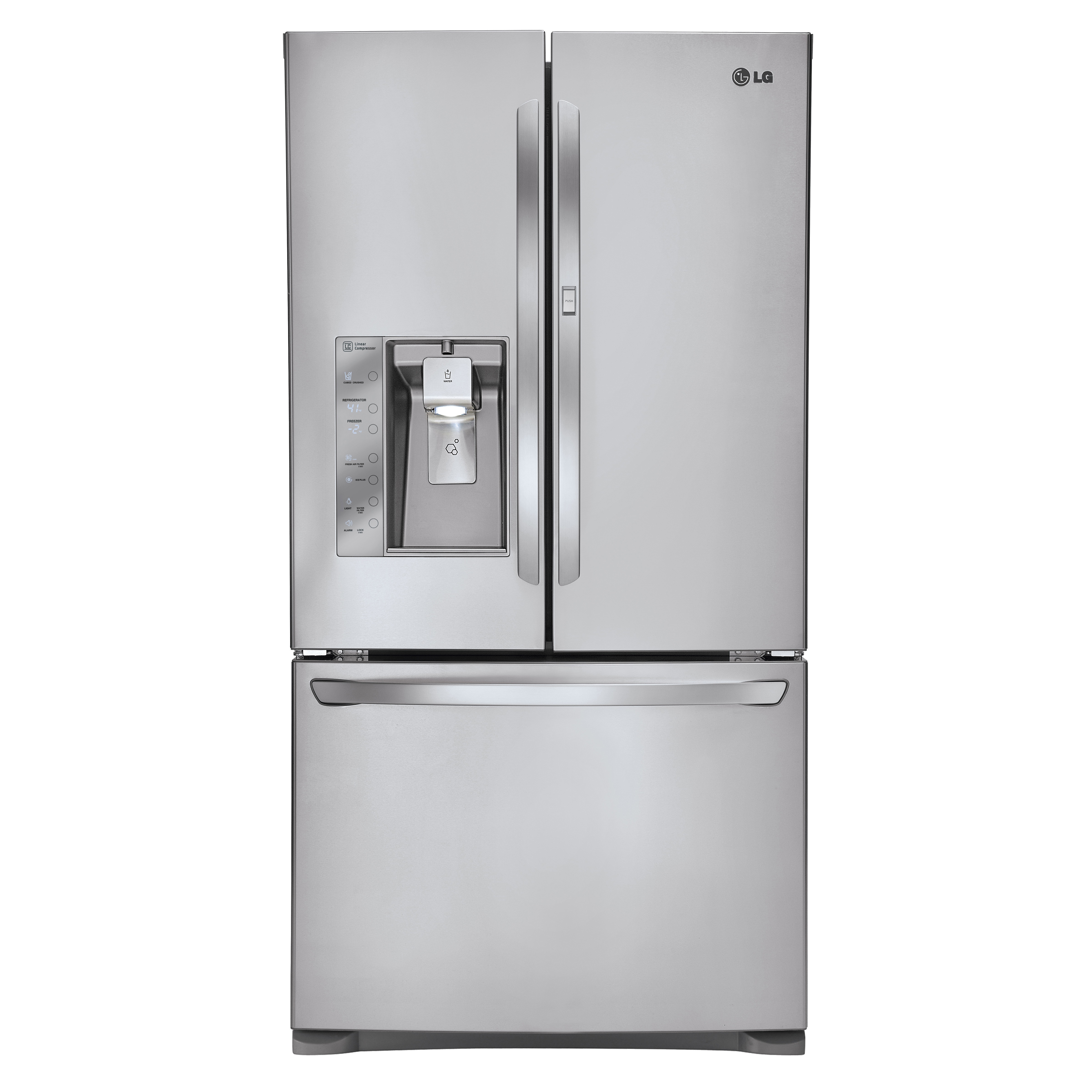 Front view of the LG three-door French-Door refrigerator with its ice and water dispenser on the left door.