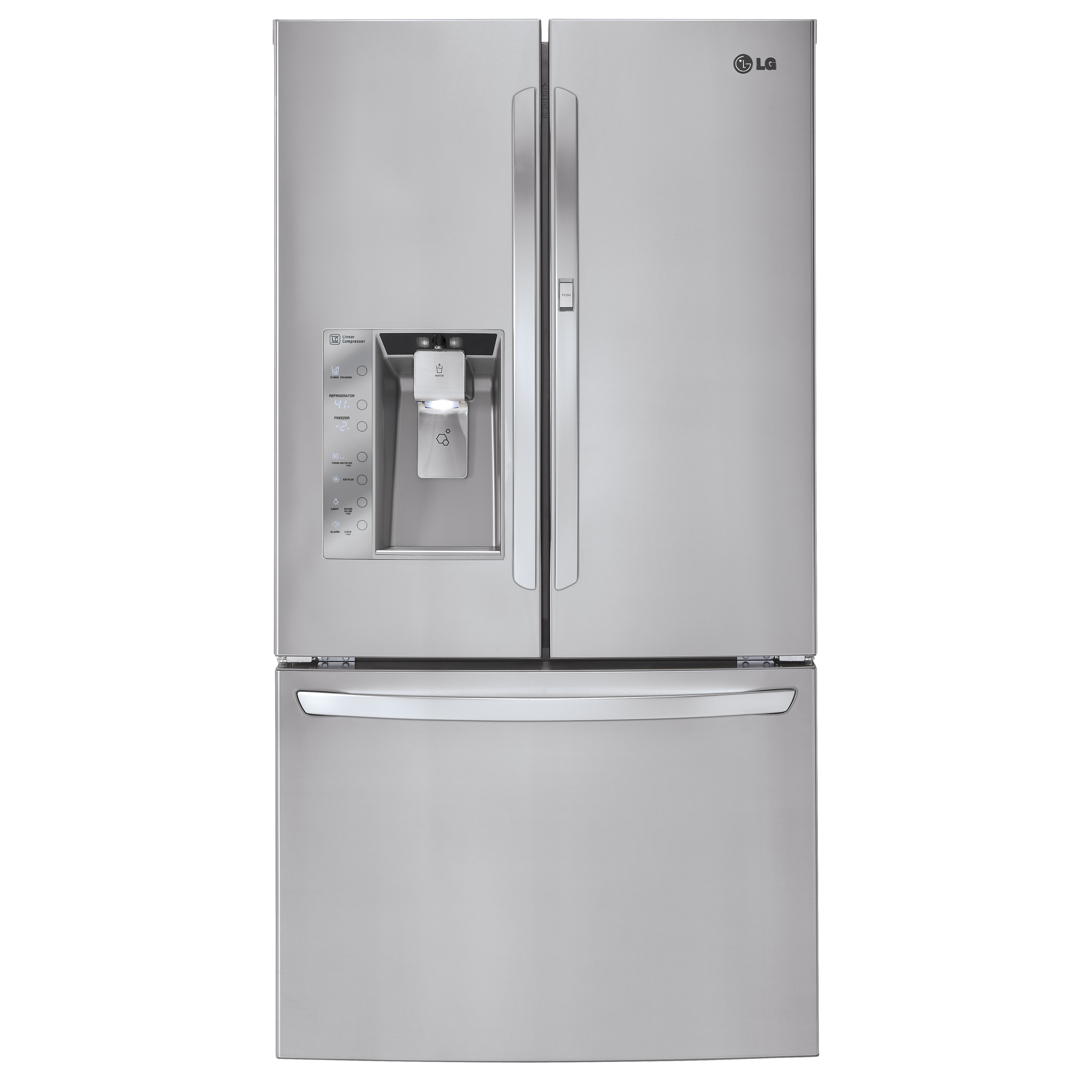 Front view of LG’s three-door French-Door refrigerator with ice and water dispenser on its left door