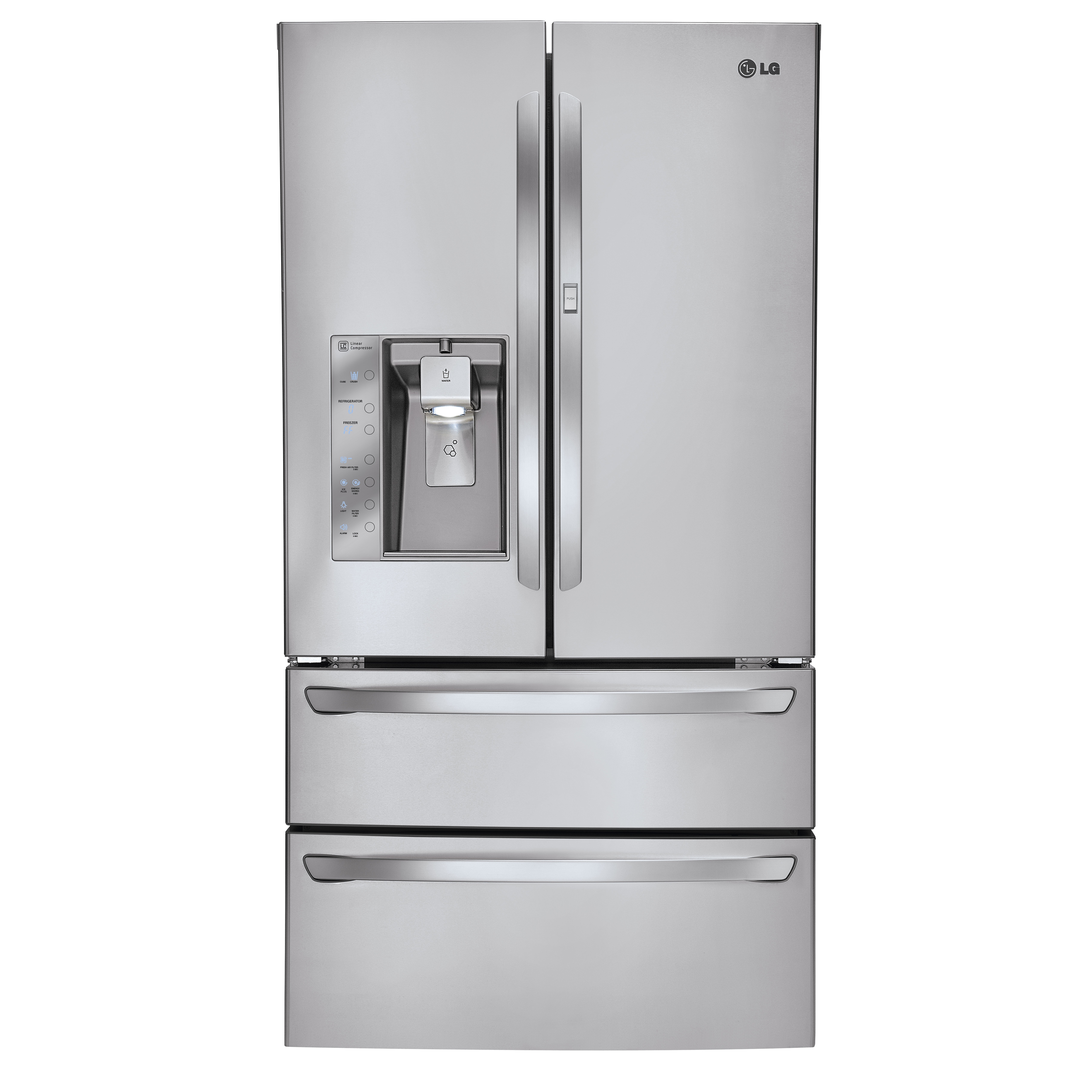 Front view of the LG four-door French-Door refrigerator