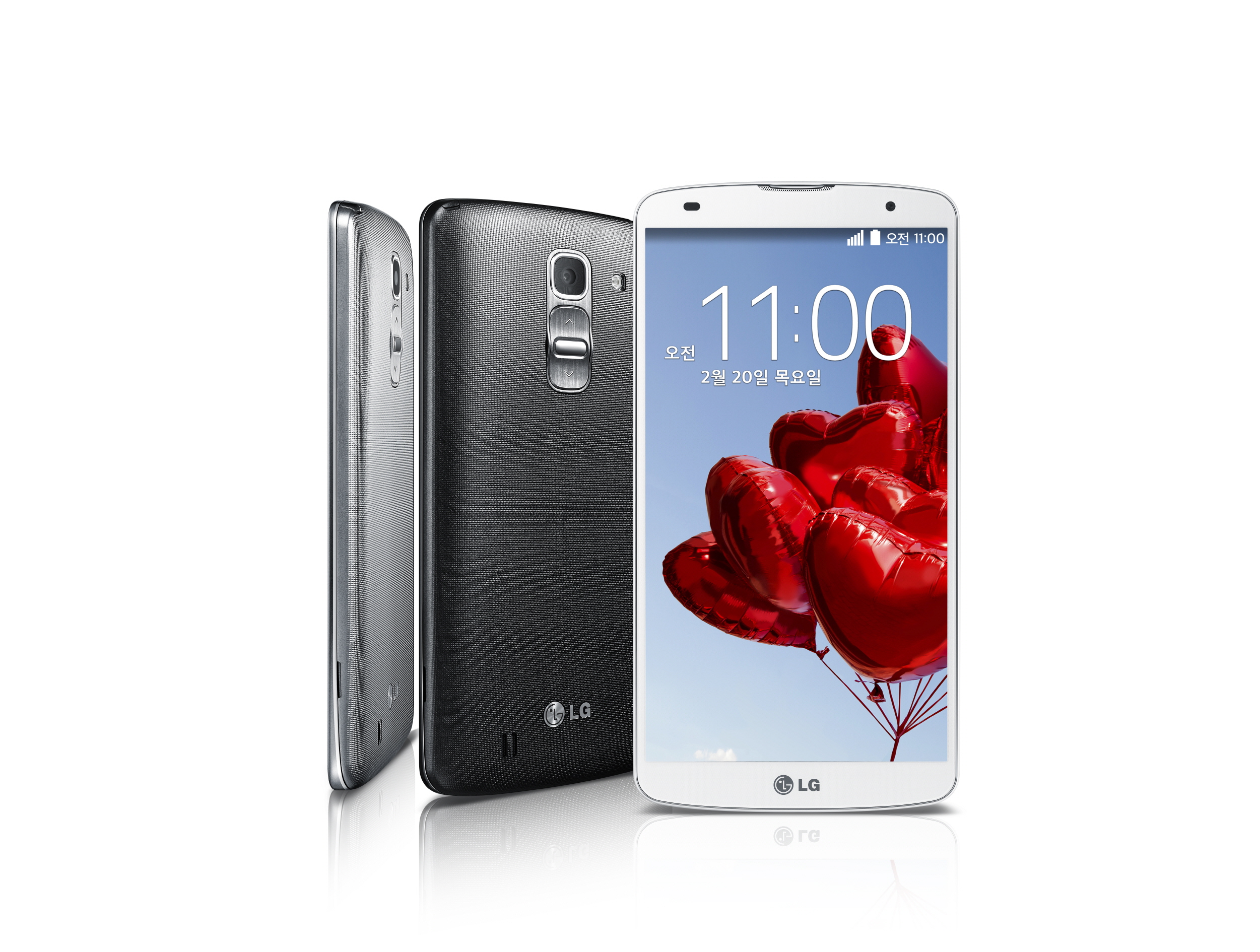 A side, rear and front view of the LG G Pro 2 in Silver, Titan Black and White.