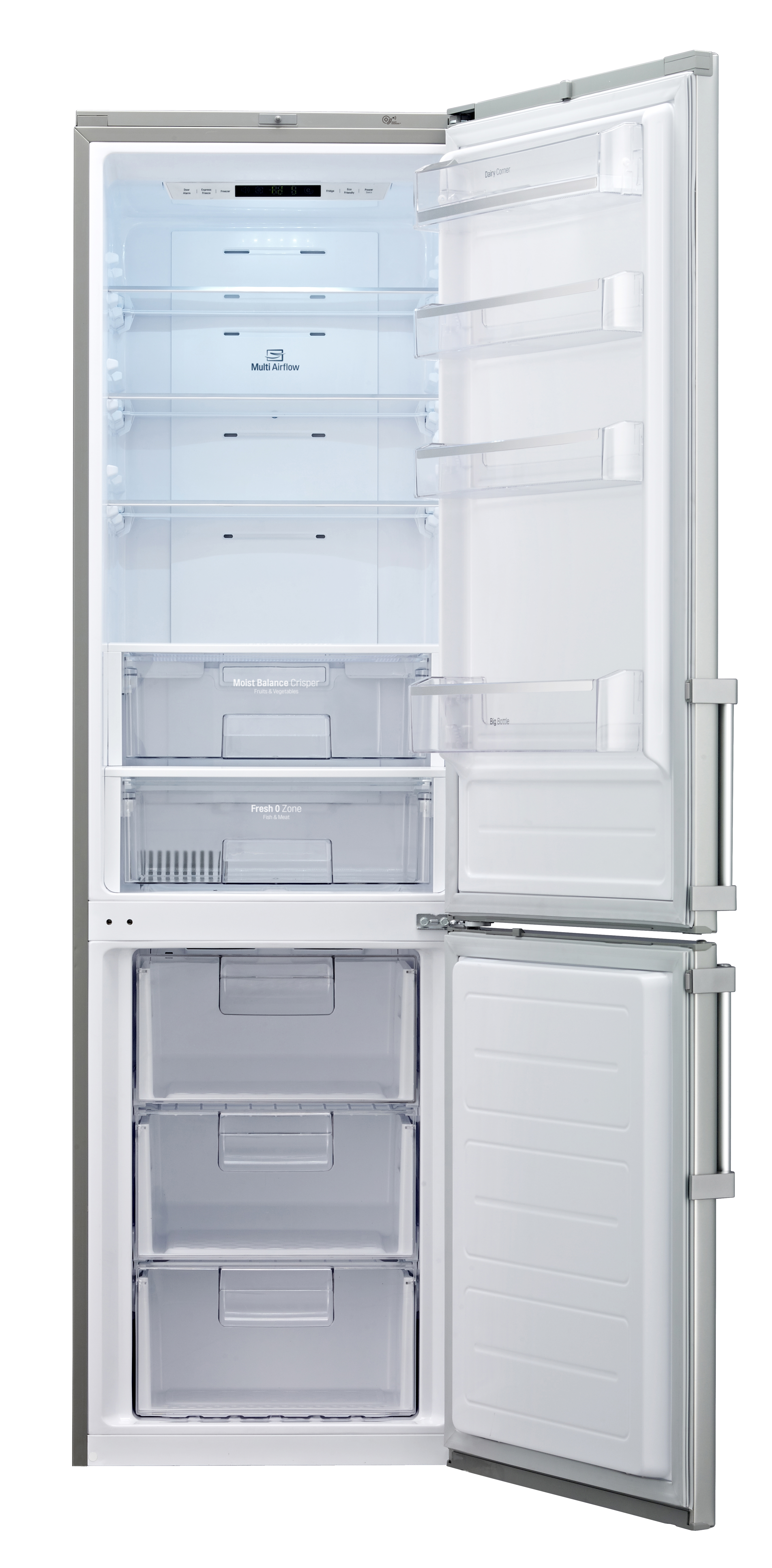 LG refrigerator with Inverter Linear Compressor with door open. It’s empty.