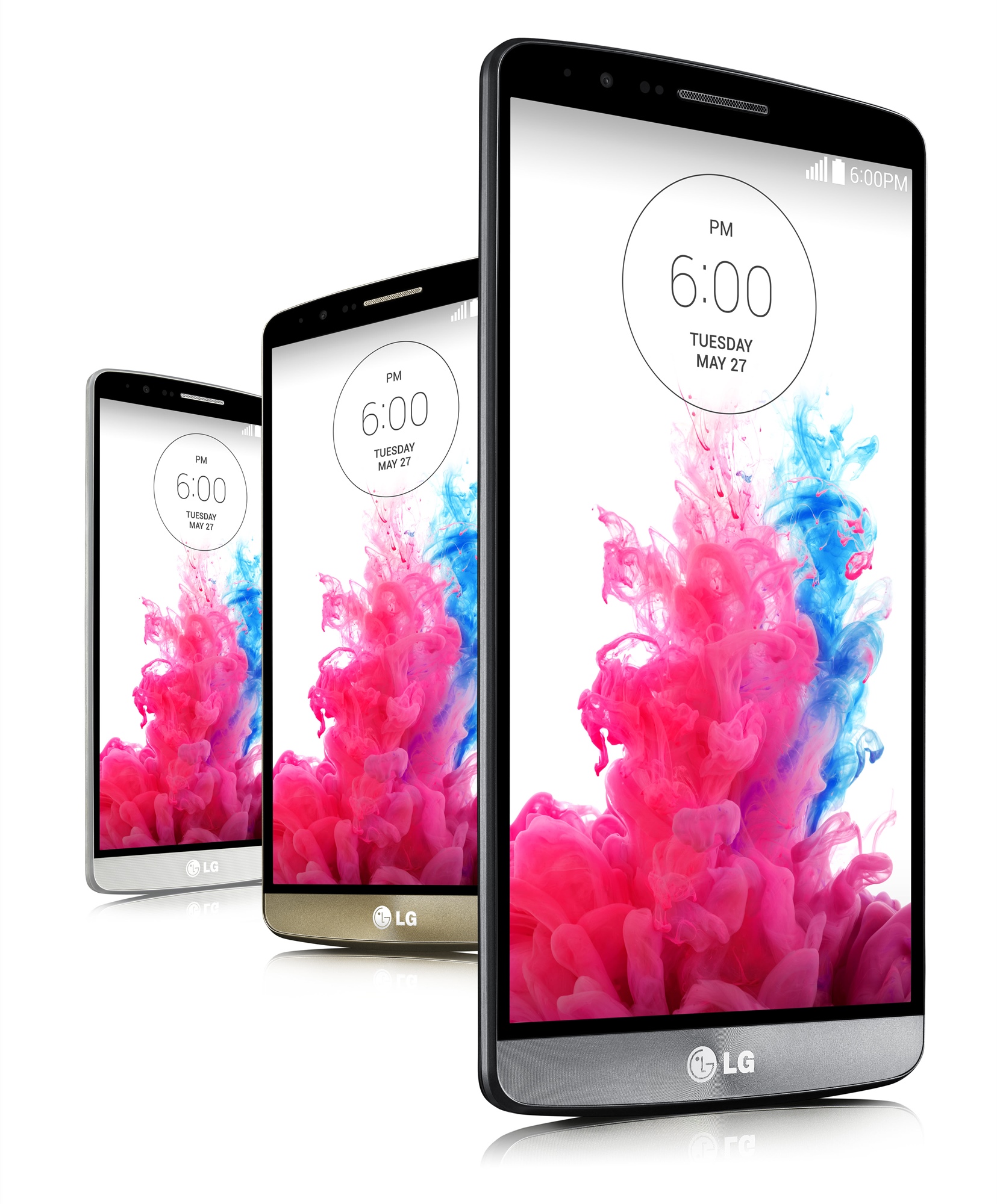 Front views of three LG G3s in Silk White, Shine Gold and Metallic Black colors.