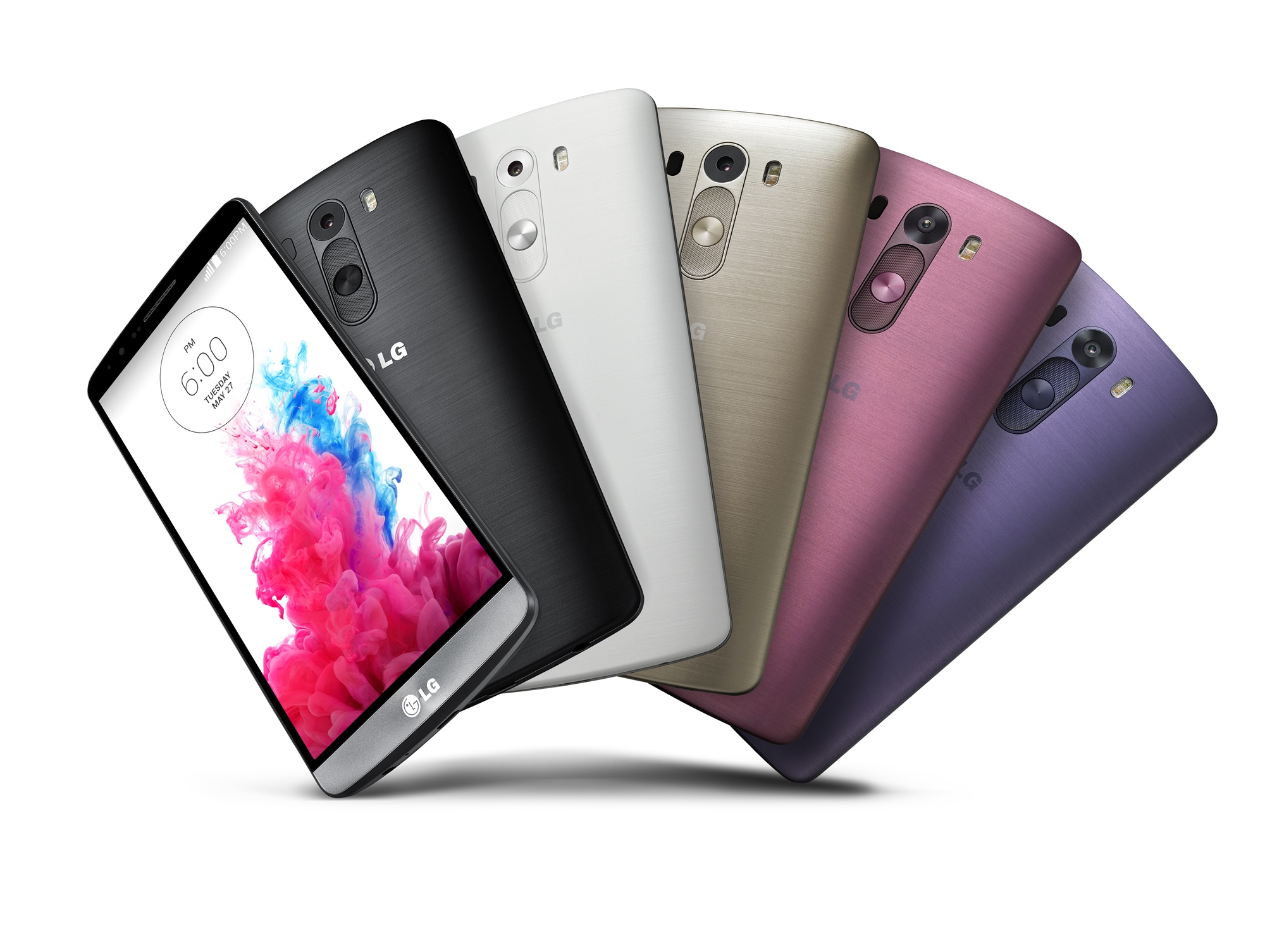 From left to right; A front view of LG G3 in Metallic Black color, back views of LG G3s in Metallic Black, Silk White, Shine Gold, Burgundy Red and Moon Violet.