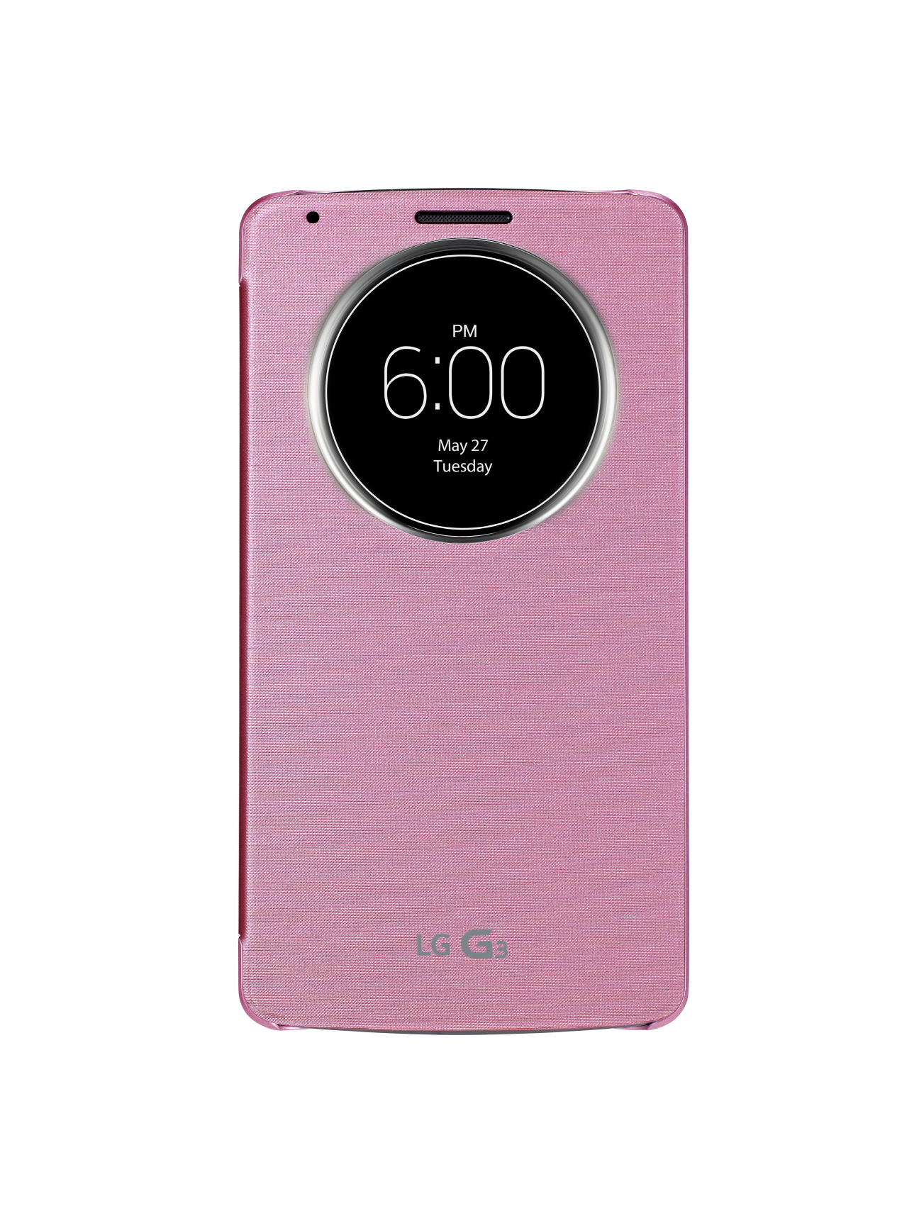 A front view of LG G3 wearing QuickCircleTM case in Indian Pink color.