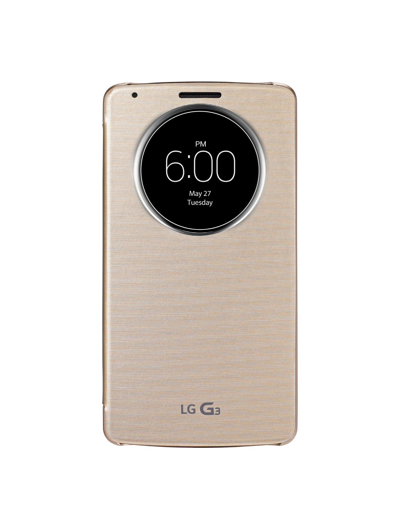 A front view of LG G3 wearing QuickCircleTM case in Shine Gold color.