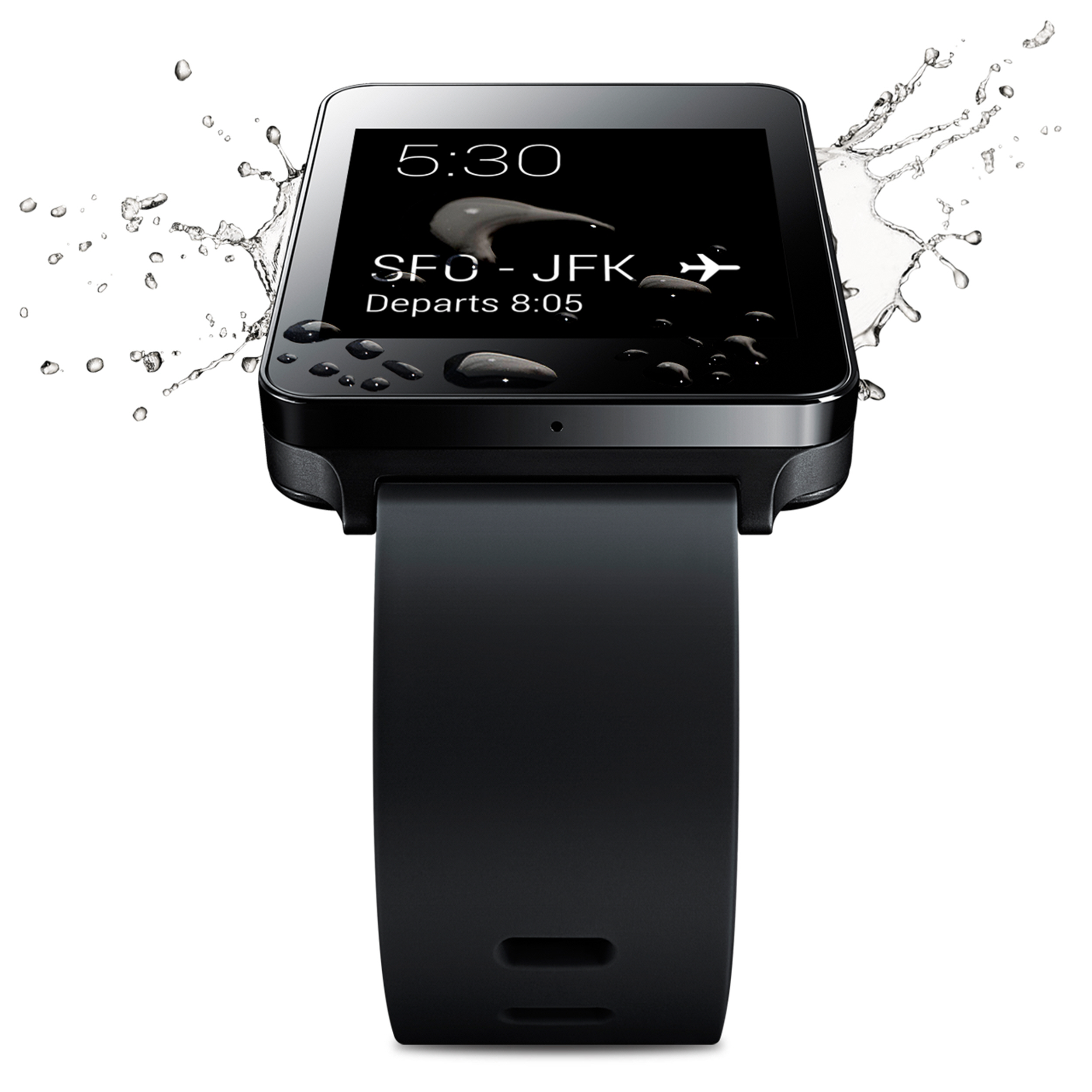 Water drops and spreads on the Titan Black LG G Watch’s screen, which is showing the user’s flight departure details.