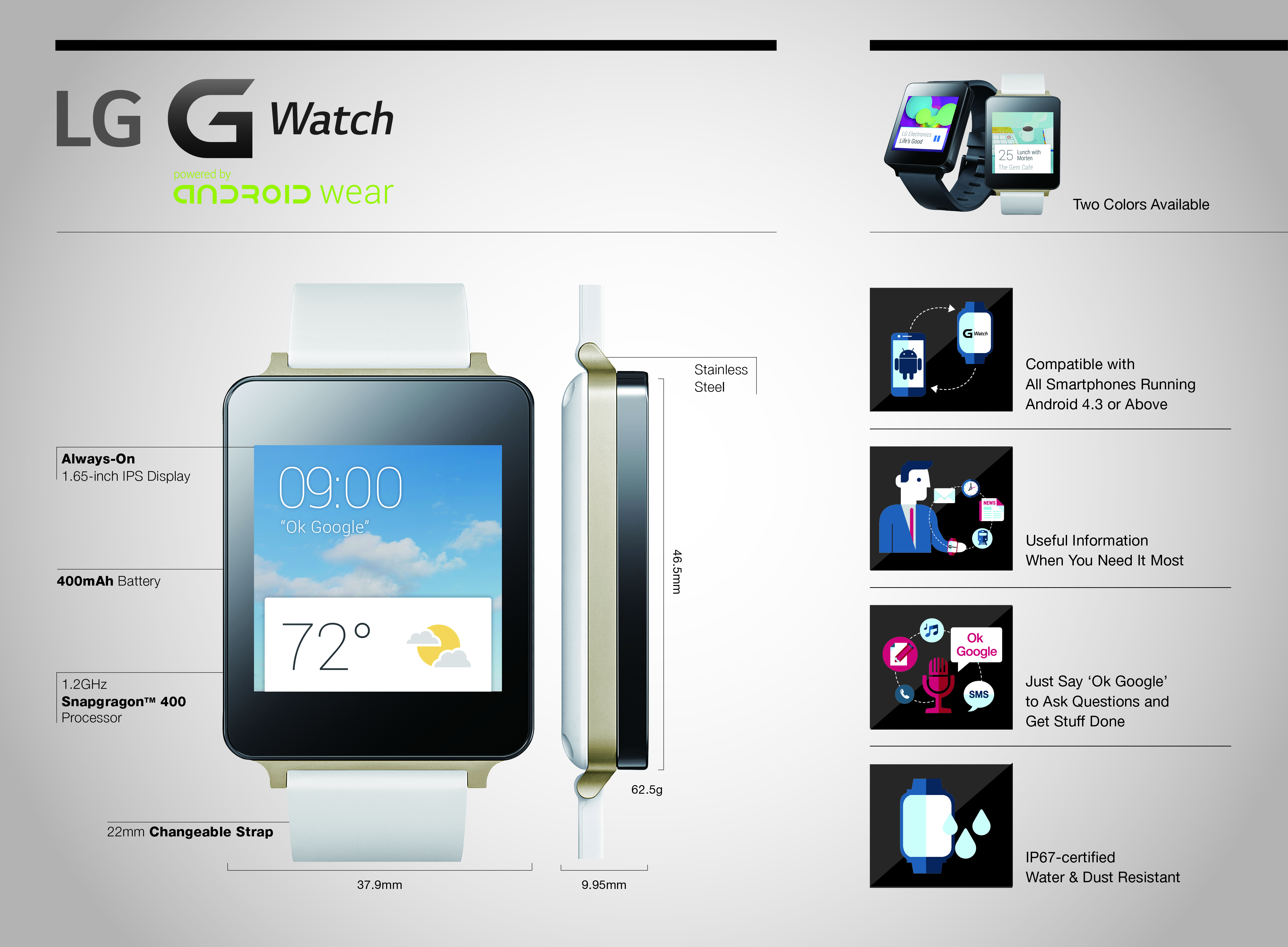 An infographic about LG G Watch dealing with its main features.
