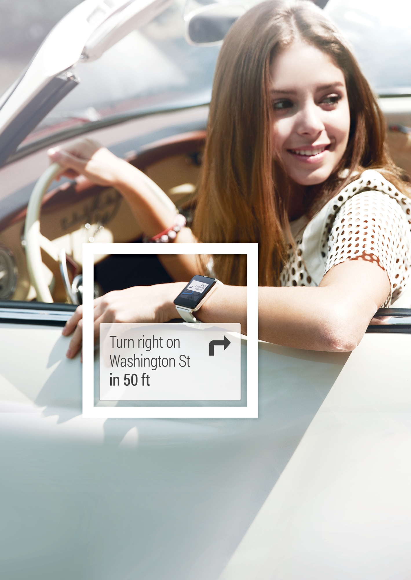 A poster of a woman driving her car while her LG watch directs her to "Turn right on Washington St in 50 ft."