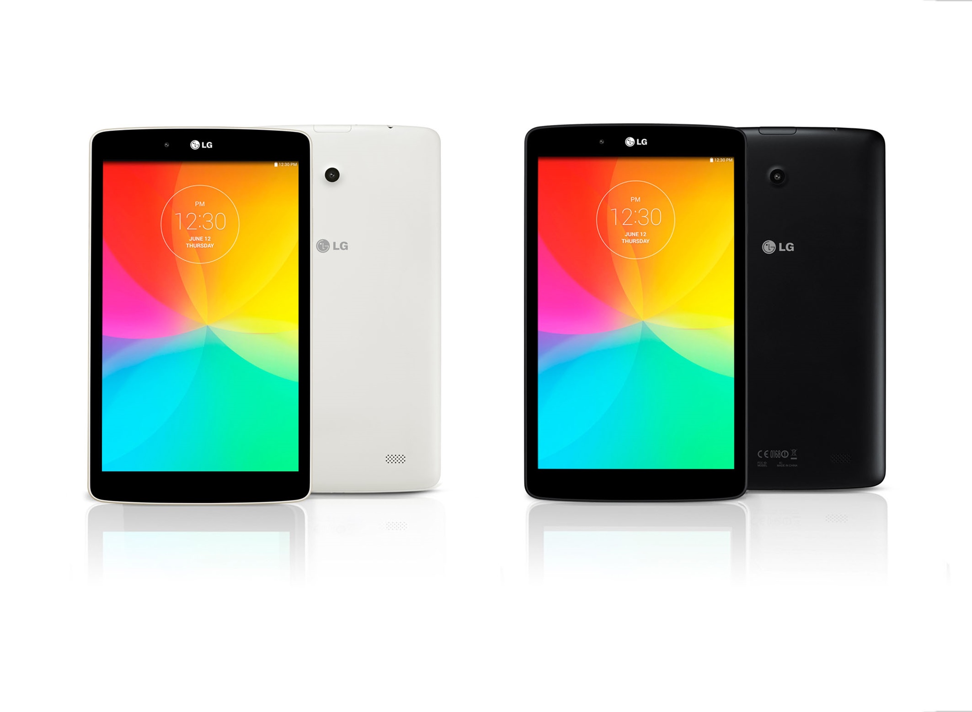 From left to right; A front view and a back view of LG G Pad 8.0 LTE in white color. A front view and a back view of LG G Pad 8.0 LTE in black color.