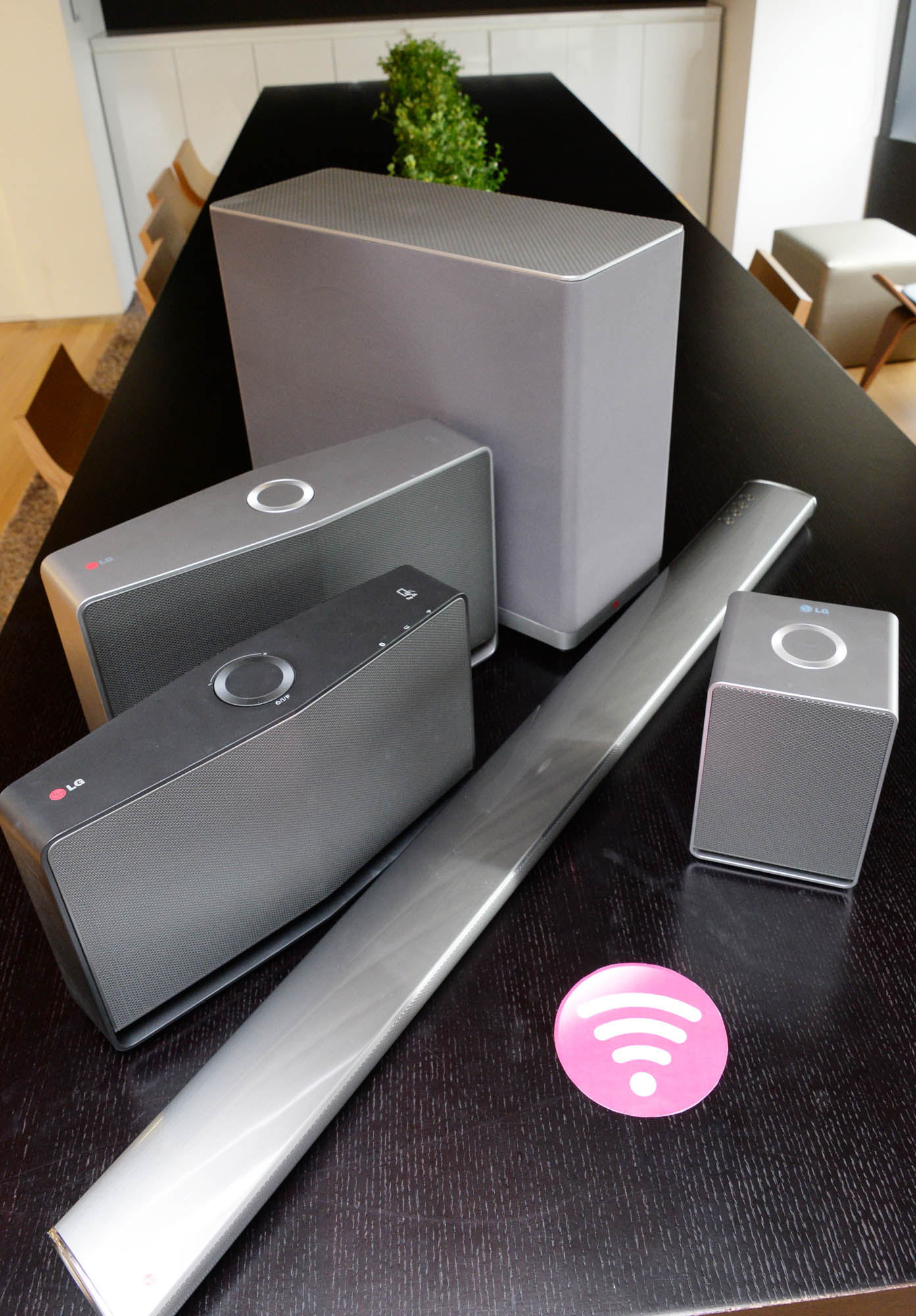 LG Music Flow Speaker models, H3, H5 and H7, with Soundbar model HS6 and Network Bridge model R1
