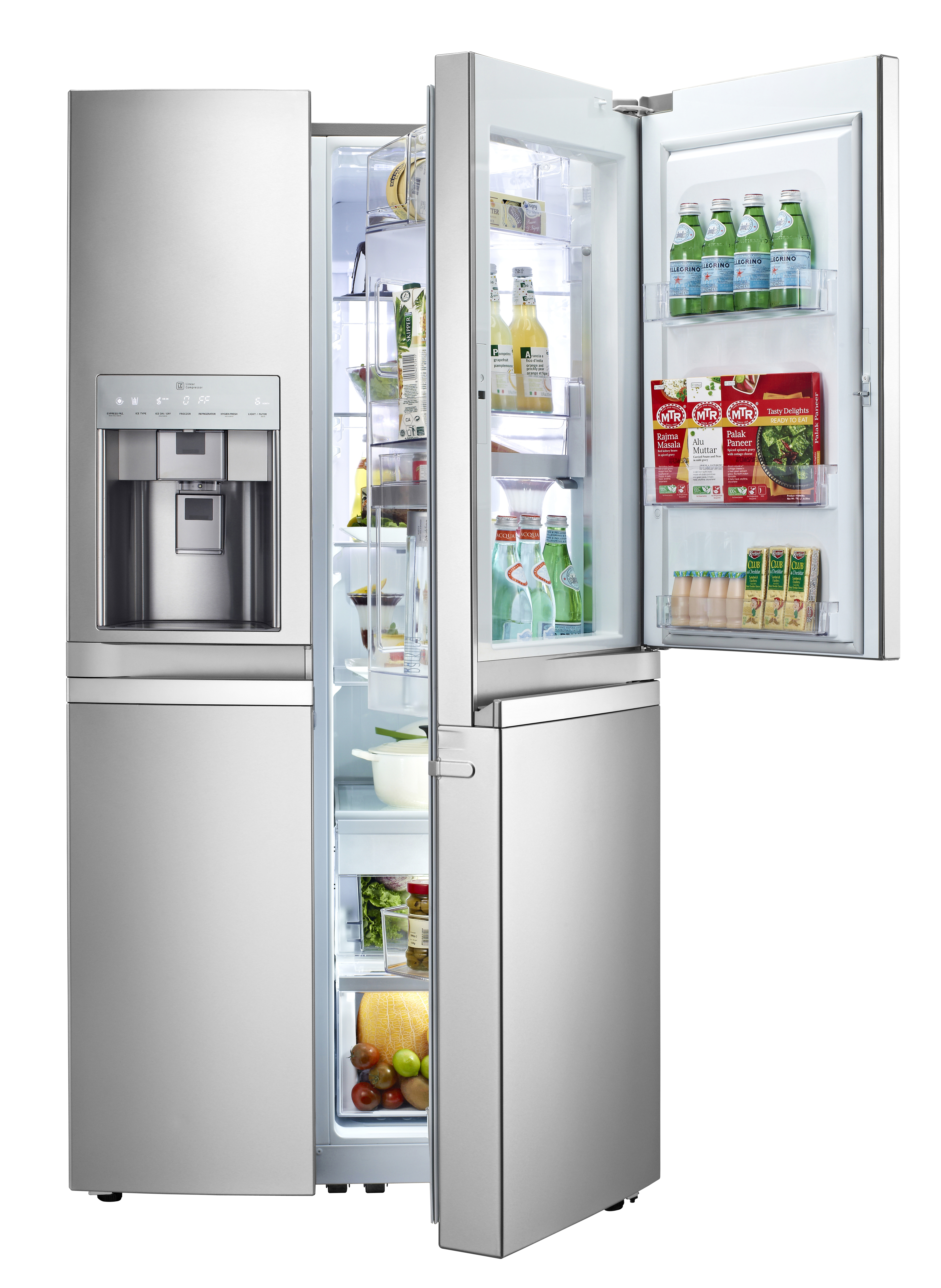 LG Multi-Door refrigerator with its right door including Door-in-Door part open. The refrigerator is filled up with various food such as beverages and fruits.