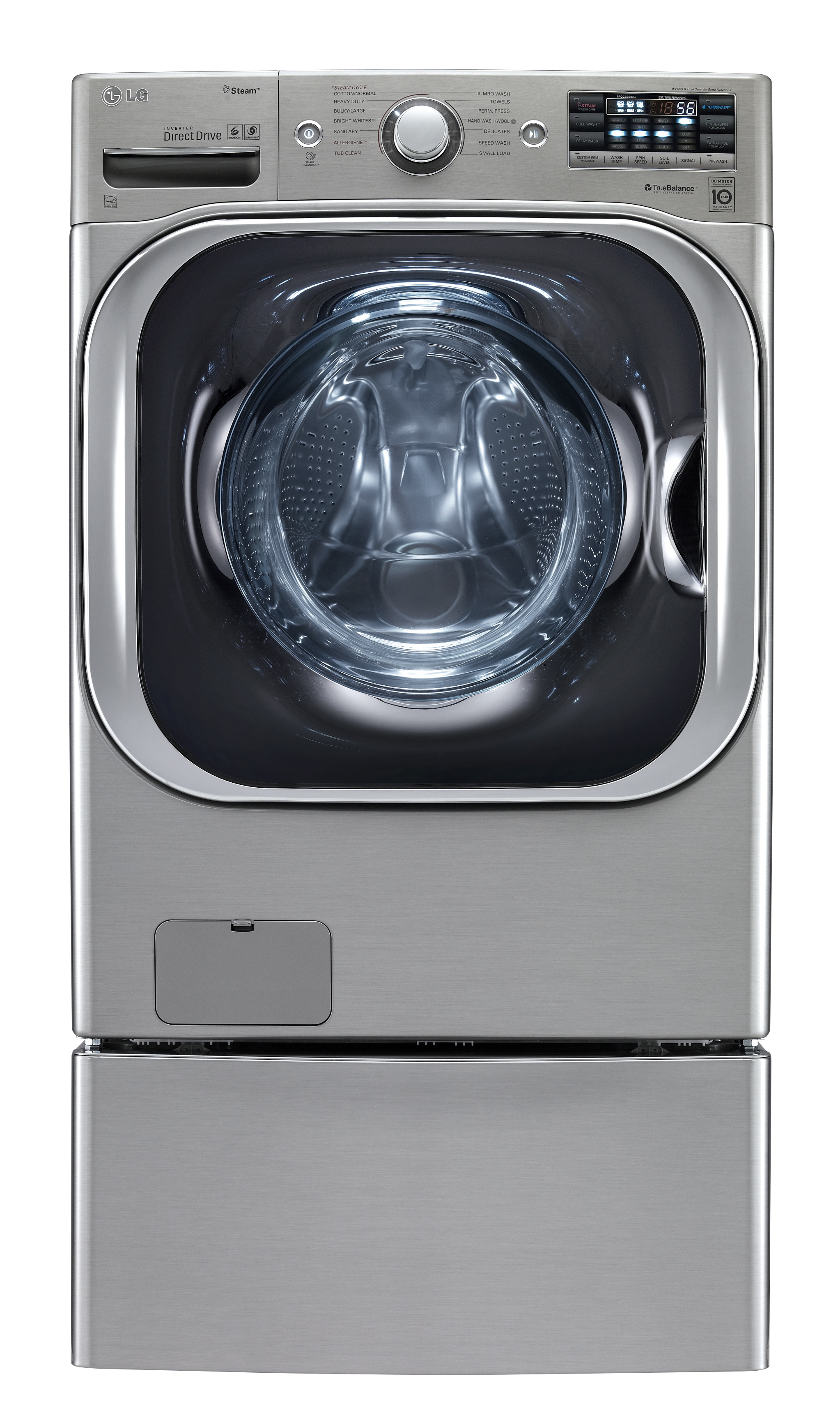 Front view of LG front-load washing machine (WM8000) with a pedestal