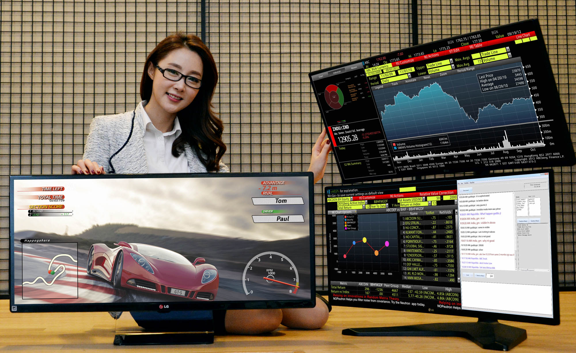 A model demonstrating LG UltraWide Gaming Monitor 34UM67 and Curved UltraWide Multi-Display model 34UC87M