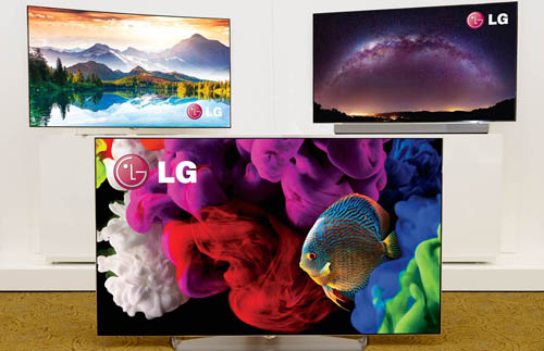 Three LG 4K OLED TVs displayed at International CES 2015.