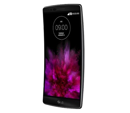 Front view of LG's G Flex2 smartphone facing 15 degrees to the left