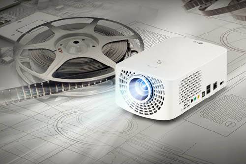A right-side of LG Minibeam Pro model PF1500 emitting light.