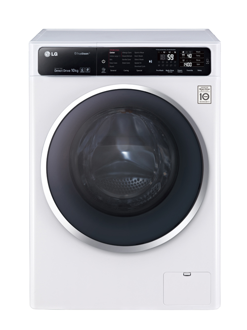 LG front-load washing machine in white color