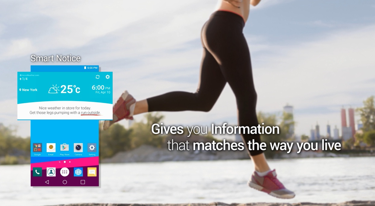 A wallpaper about the new LG UX 4.0 says “Gives you Information that matches the way you live”